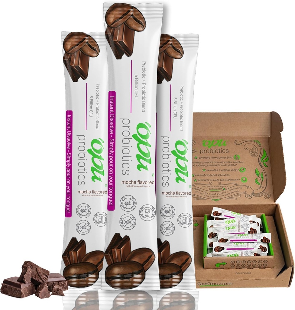'Opu Probióticos Mocha Instant-Dissolve - Fornecimento de um mês - 5 bilhões de UFC - Homens, Mulheres & Crianças w / Prebióticos de açúcar, Sem glúten, Não OGM