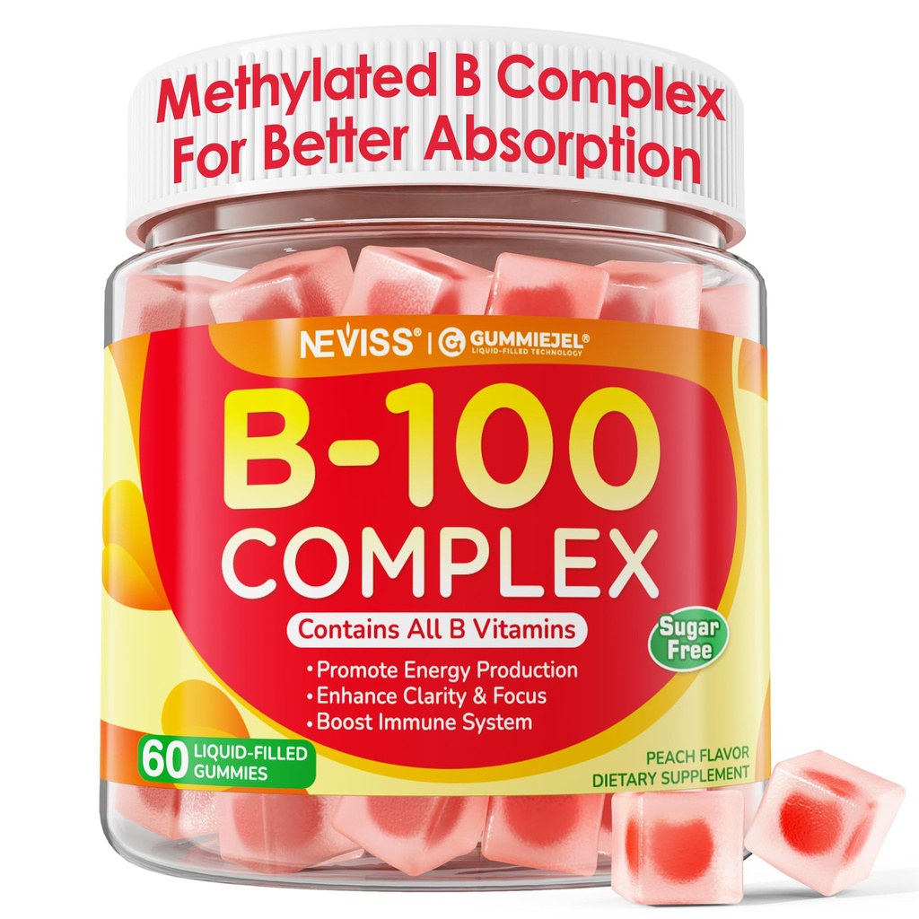 Super Vitamina B Complex Gummies - Todas as vitaminas B incluindo metil B12, B1, B2, B3, B5, B6, Biotina, Metilfolato com vitamina C, Colina, Inositol, PABA para energia, Cérebro e Imune Suporte, Açúcar Livre
