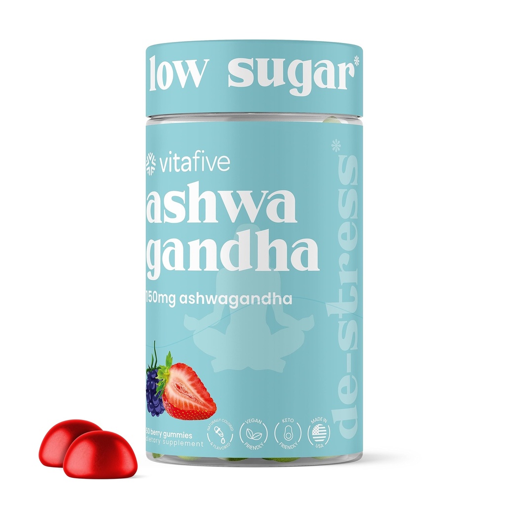 Vitafive Ashwagandha Gummies com vitamina B12, Ashwagandha Gummies para homens e mulheres, Vegan, Sem glúten (50 Ct)