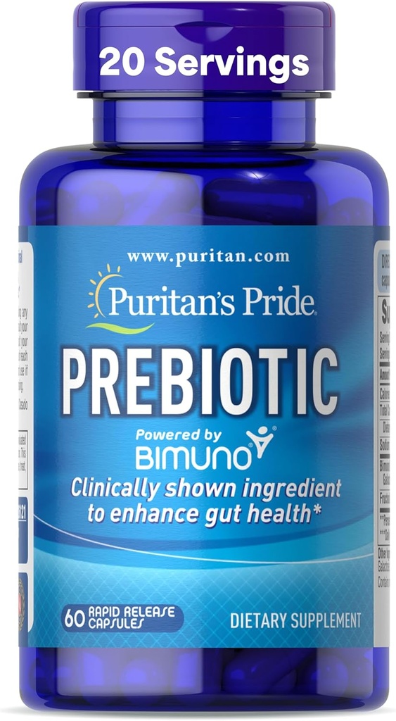 Prebióticos do orgulho de puritano para homens e mulheres Powered by Bimuno, Suplemento dietético para a saúde gut avançada, Ajuda a aliviar o bloating, 60 Cápsulas de liberação rápida