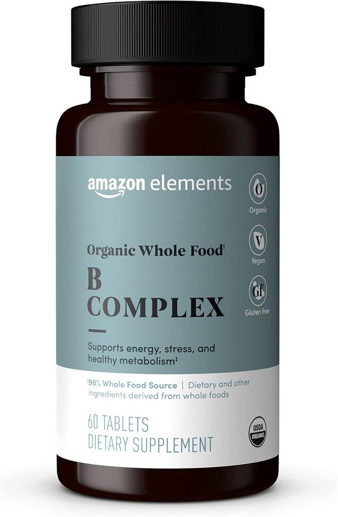 Elementos Organic Whole Food B Complex, 98% Whole Food Source, Dietary e outros ingredientes derivados de alimentos integrais, 60 comprimidos