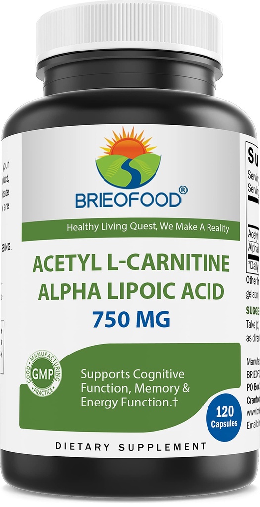 Brieofood Acetil L-Carnitina Alfa Ácido Lipóico (ALA ALC) 750 mg 120 Cápsulas