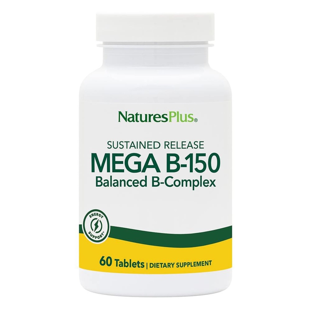 Natures Plus Mega Complexo B150, liberação mantida - 60 Comprimidos Vegetarianos - máxima potência B Suplemento Complexo de Vitamina - sem glúten - 60 Servimentos