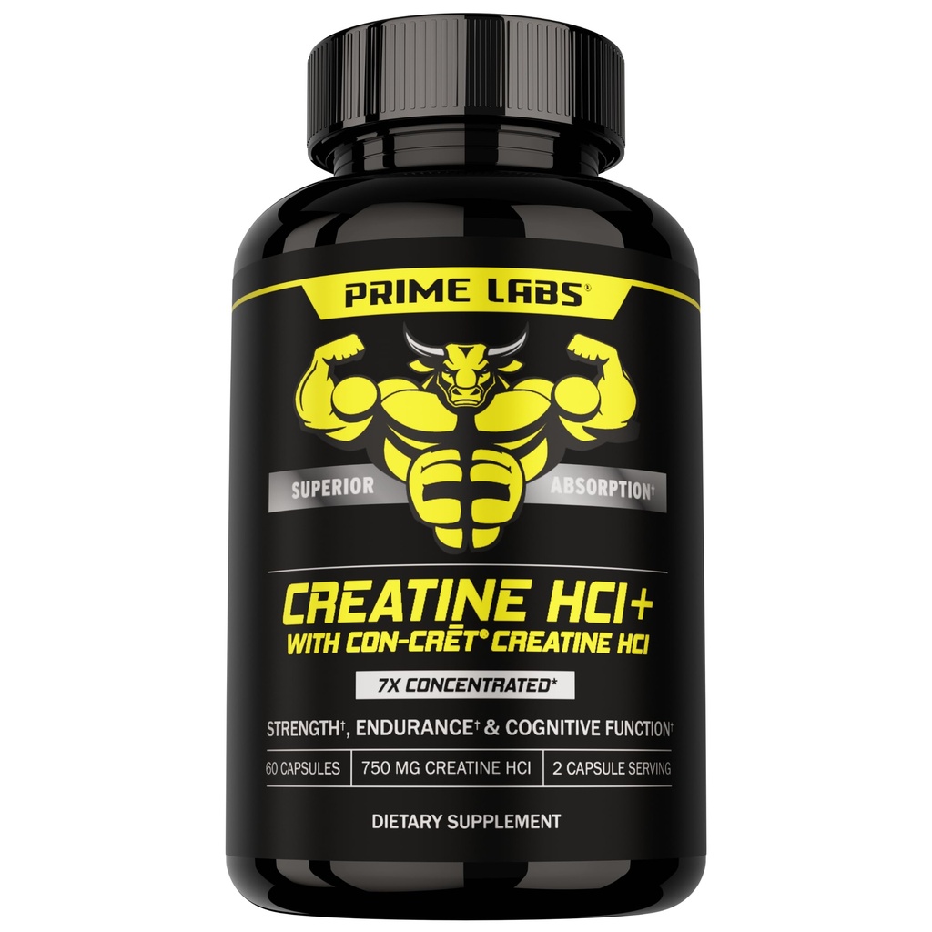 Prime Labs Creatine HCl Cápsulas - com CON-CRT®, Rhodiola Root Extract, & L-Teanina - suporte muscular, resistência, função cognitiva - para homens e mulheres - 60 comprimidos