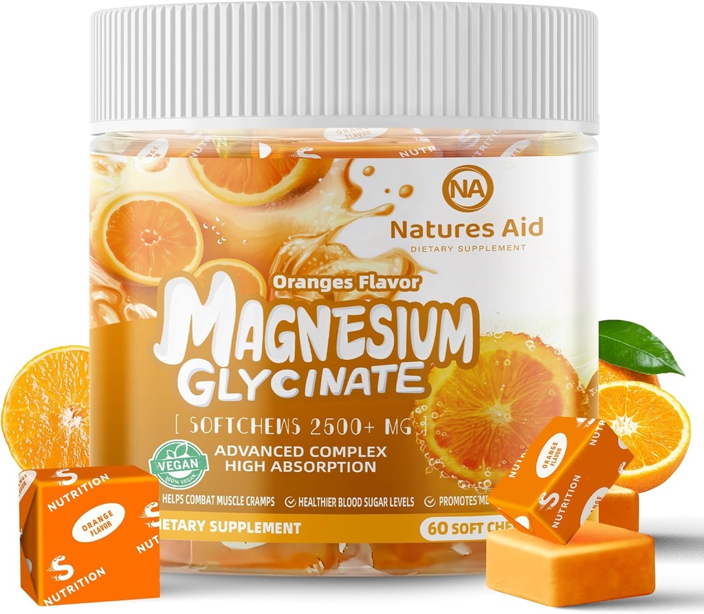 Magnésio Glicinato suave Chews Supplement, Açúcar Chewable grátis Mastigação de magnésio com magnésio Glicinato, Vitamina D, B6 e CoQ10 para apoio calmo e sono para adultos, 60 dias fornecimento-laranja