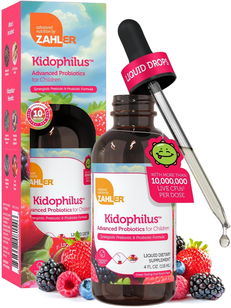 Zahler - Kidophilus Liquid Drops Probióticos para Crianças (4 Fl Oz) Certified Kosher Kids Probiótico para Digestão Saudável & Imune Support - Fruit Punch Flavored Children's Probiótico Drops Supplement