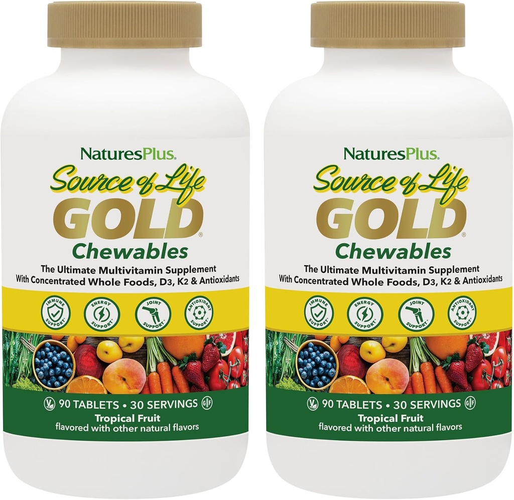 NaturesPlus Fonte de vida Multivitamina de ouro - 90 comprimidos mastigáveis, pacote de 2 - com vitaminas D3, B12, K2 e mais de 120 alimentos inteiros - Sangue, osso e Imune Suporte - sem glúten - 60 Total de serviços