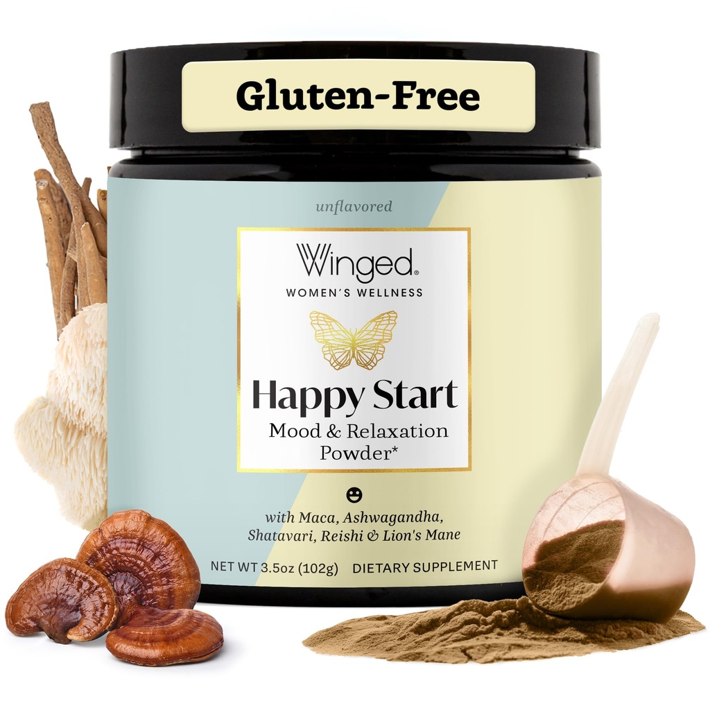 Bem-Estar Alado Feliz Começo, Mood Boosting Drink Mix Powder para Mulheres - Mente Feliz & Saúde Hormonal, Suplemento de suporte de humor com Maca Vermelho, Ashwagandha, Cogumelos e Mais - Chocolate, 30 Servings