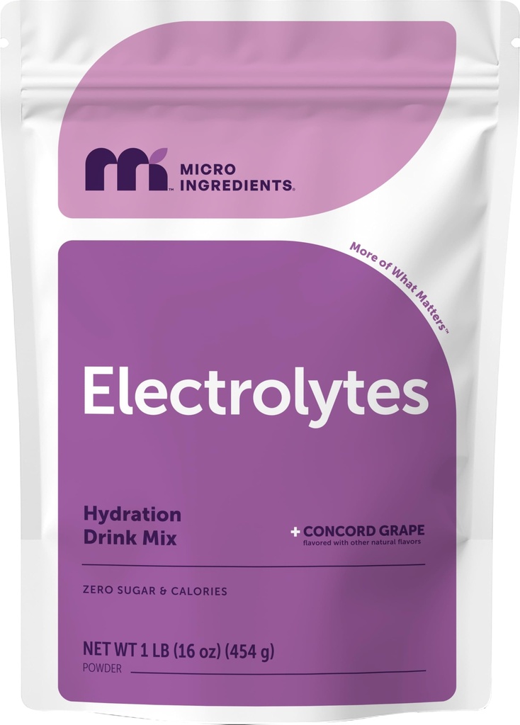Micro Ingredientes Hydration Electrolyte Powder, 1lb (69 Servings) Keto & No Sugar – Alto Potássio (1.000mg) com doce Concord Sabor de uva e água de coco natural