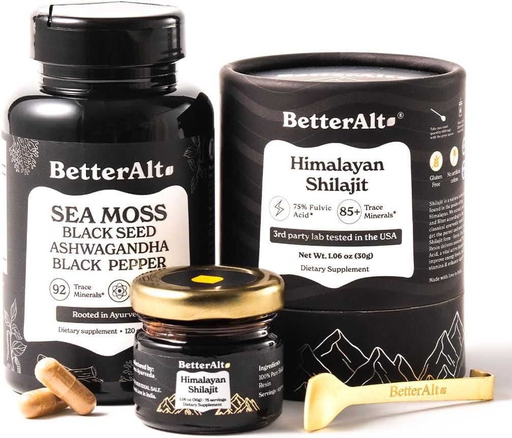 Better Alt Shilajit Resin 30 gm & Sea Moss Cápsulas Energy Duo; Pure Himalayan Shilajit Gold Grade para homens e mulheres com alta potência & Irish Sea Moss com óleo de semente preta