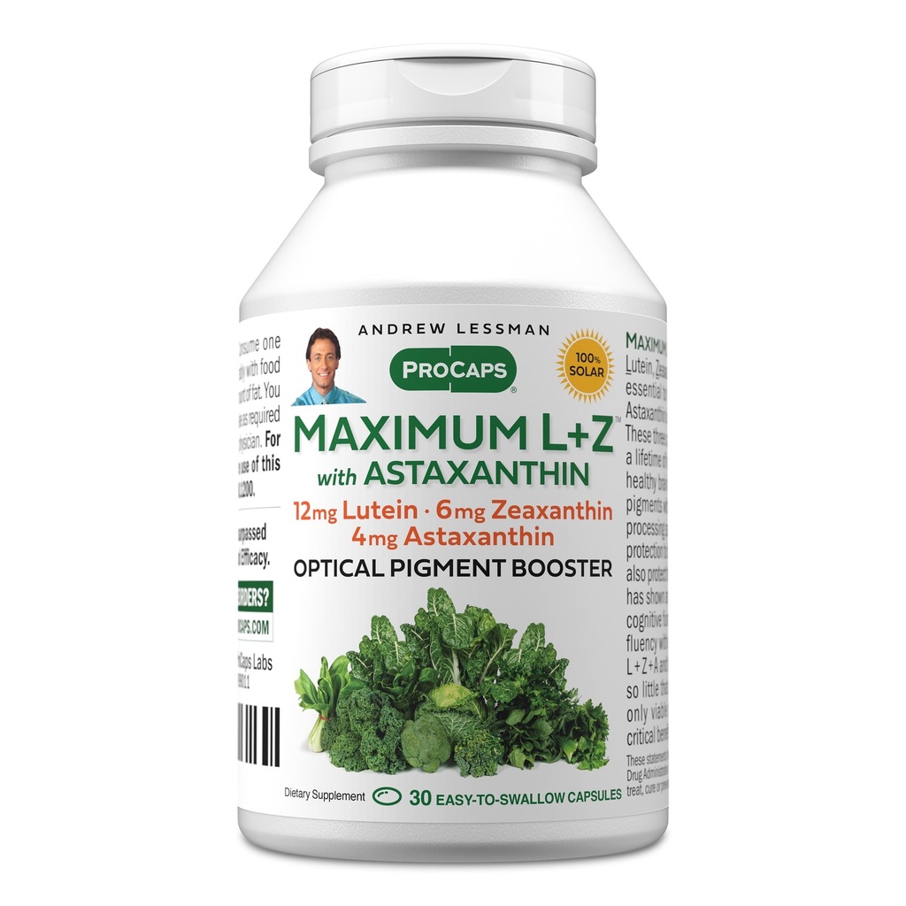 ANDREW LESSMAN Máximo L+Z com astaxantina 30 Softgels - 12mg Lutein, 6mg Zeaxanthin, 4mg Astaxantina. Nutrientes chave para apoiar a saúde do olho e do cérebro, e promover a visão saudável.