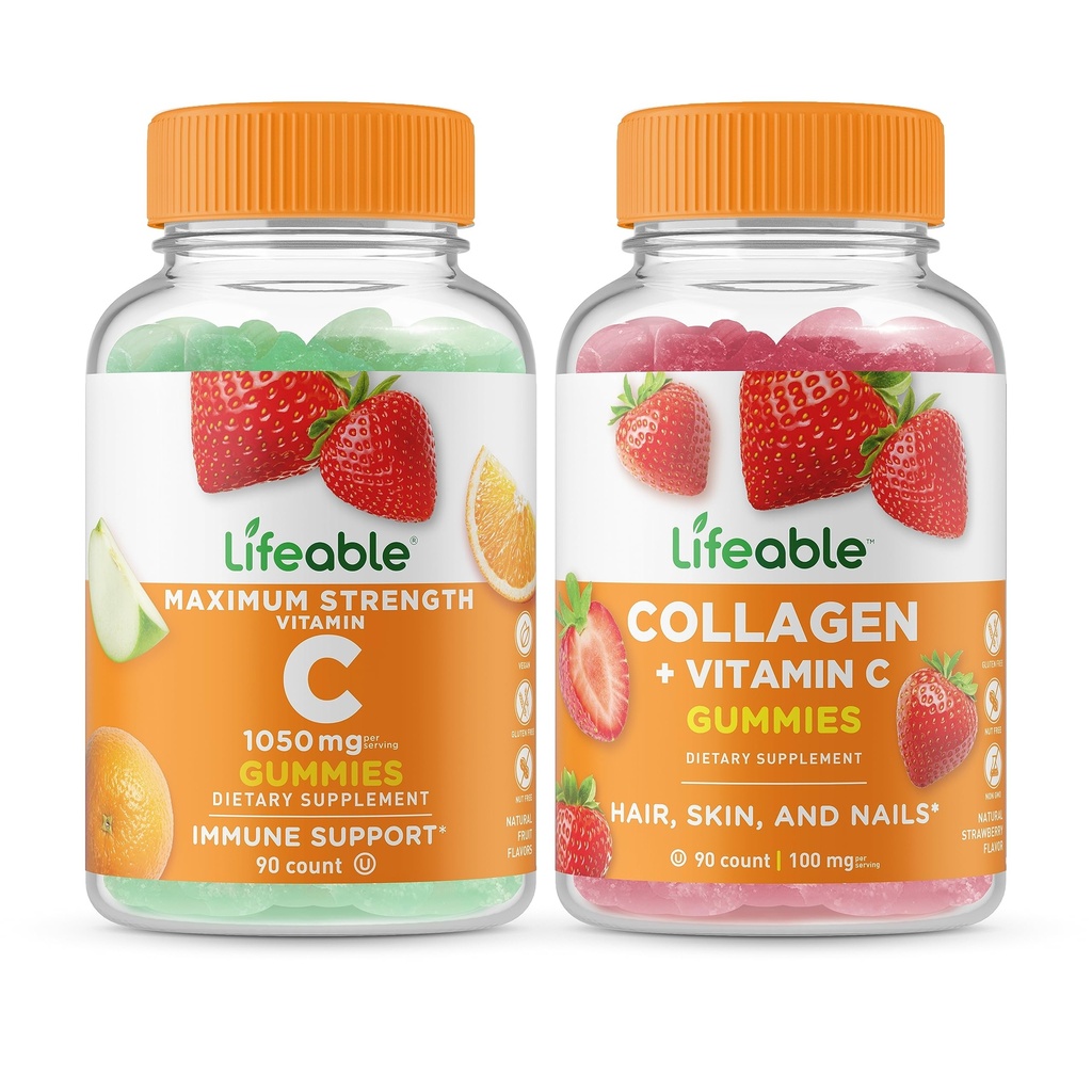 Vitamina C vitalável 1050mg + Colágeno e vitamina C, chicletes Bundle - Grande degustação, Suplemento Vitamina, Gluten Free, GMO livre, chiclete mastigável