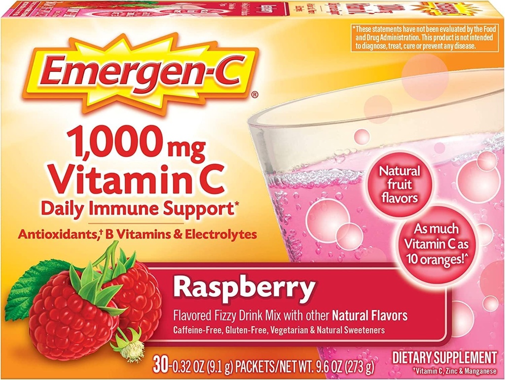 Alacer Emergen-C Vitamina C Fizzy Drink Mix Framboesa - 1000 Mg - 30 Pacotes