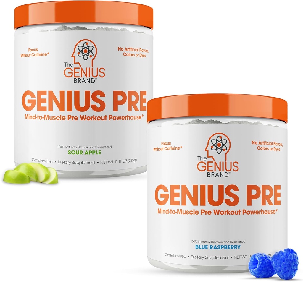 Pacote de suplementos de pré-trabalho Genius - Blue Raspberry & Azedo Apple - Cafeína-livre / estimulante-livre