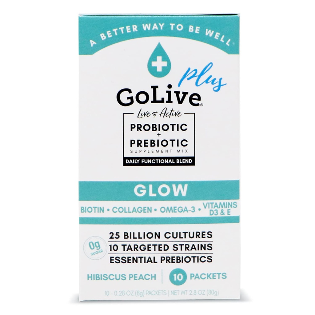 GoLive Probióticos e Prebióticos para Mulheres e Homens Brilham por Beleza, Pó Sinbiótico Livre de Açúcar. +25 Bllion UFCs; 10 Deformação Clínica para Saúde Saudável, Imune e Digestiva, 10 Contagem (Pacote de 1)