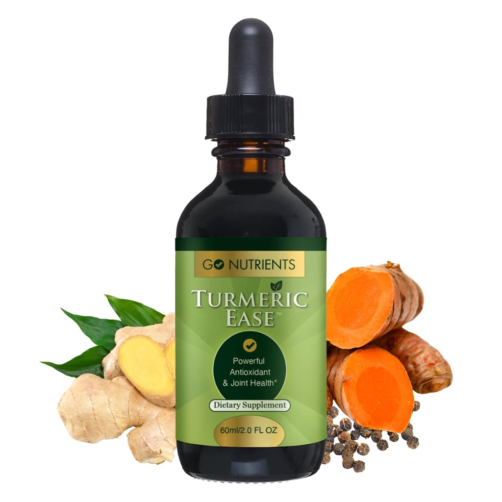Go Nutrients Turmeric Ease - Suplemento Acumênico Orgânico com Curcumin, Ginger & Black Pepper – Liquid Drops Extract Tintura para Absorção Rápida – Suporta Saúde Conjunta e Defesa Imune – 2 onças