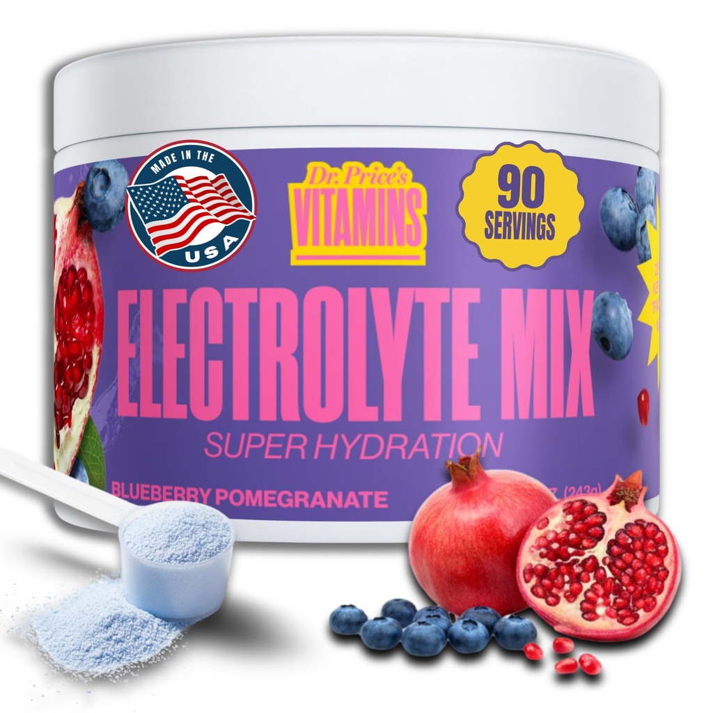Dr. Price's Electrolyte Mix – Pó de hidratação sem açúcar com 72+ Trace Minerals □ Sem açúcar, Eletrólitos de dissolução rápida Pacotes de pó □ Blueberry-Romã, 90 Servings