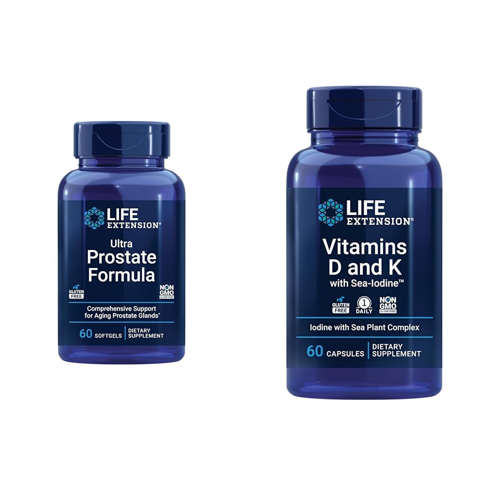 Extensão de vida Fórmula ultra-prostata, serra Palmetto para homens, pigeu, picada Nettle & Vitaminas D e K com Iodo Mar, Vitamina D3, Vitamina K1 e K2, Iodo