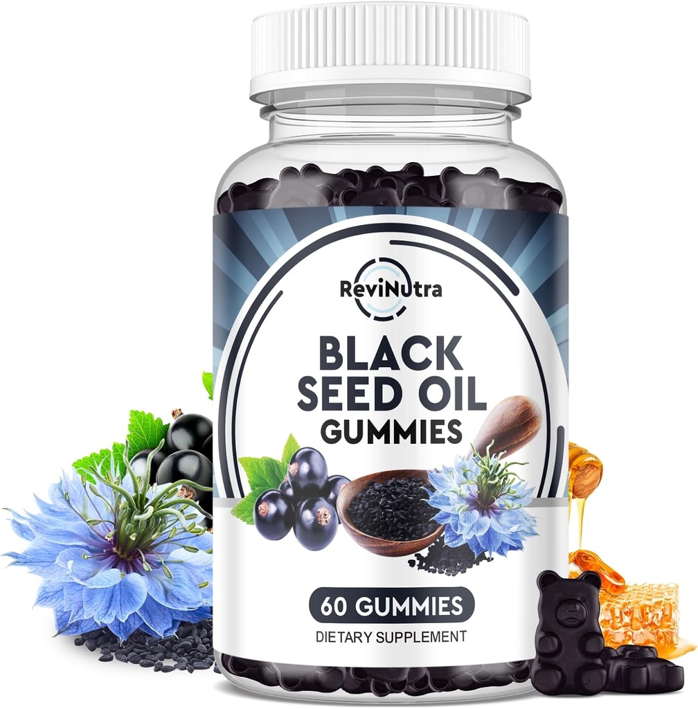 Óleo de semente preta Gummies-Organic Cold Pressionado Nigella Sativa Black Seed Oil com mel, Vitamina B6, C, D3, Açafrão, Romã, Imunidade de suporte, Digestão, Função do cérebro, Cabelo e pele-60 Gummies