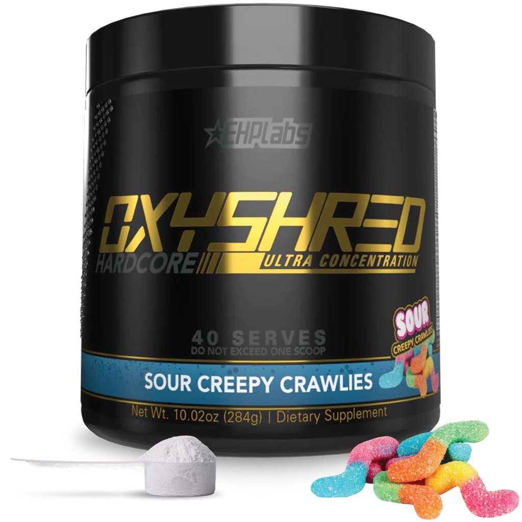 EHP Labs OxyShred Hardcore Super Dosed Pré Treino em Pó - Pré-treino em Pó com L Glutamina e Acetil L Carnitina, Energia Boost Bebida - 275mg de Cafeína - Azedo Crawlings, 40 Servings