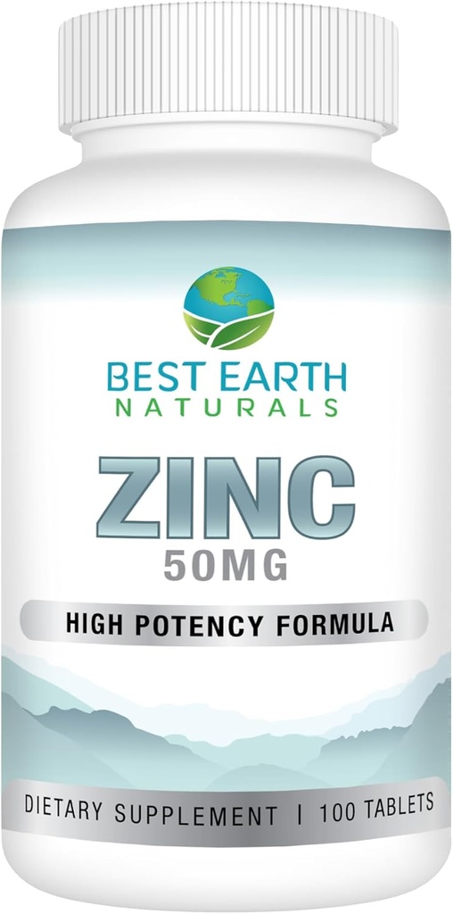Best Earth Naturals 50 Mg Zinc Supplements - Suplemento de suporte imunológico - Antioxidante natural de alta potência - 100 comprimidos (100 dia-fornecimento)