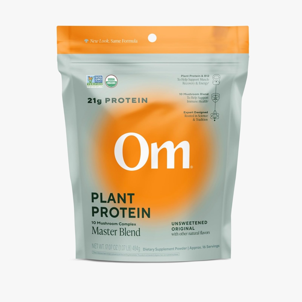 OM MUSHROOM SUPERFOOD Master mistura planta-baseado em pó de proteína (bala ressealável (16 Servões), proteína não saboreada)