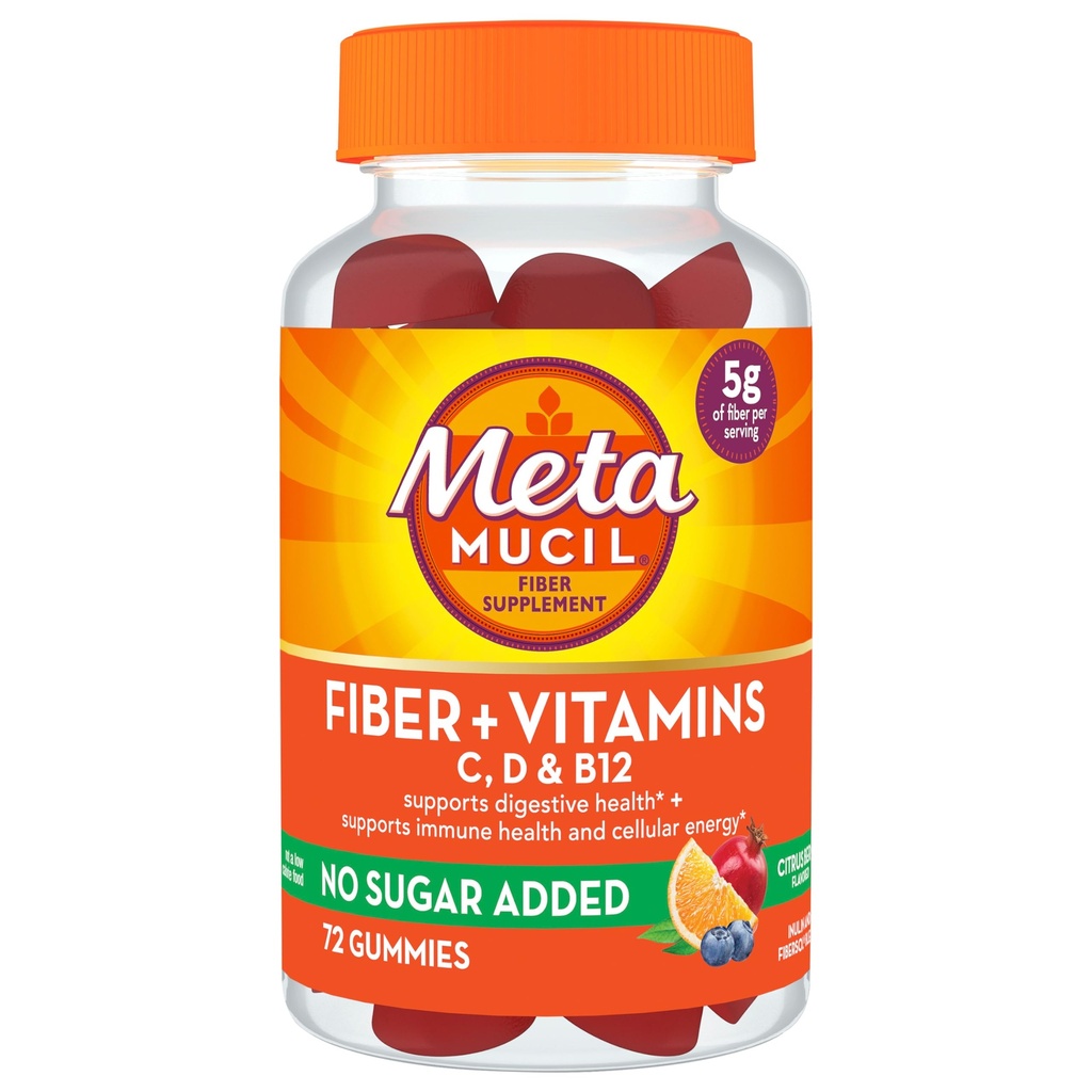 Suplemento de fibra de metamucil 72 chicletes, fibra + vitaminas C,D & B12 no Açúcar adicionado, Suporta cicatriz digestiva + suporte saúde imune, Citrus Berry sabor.