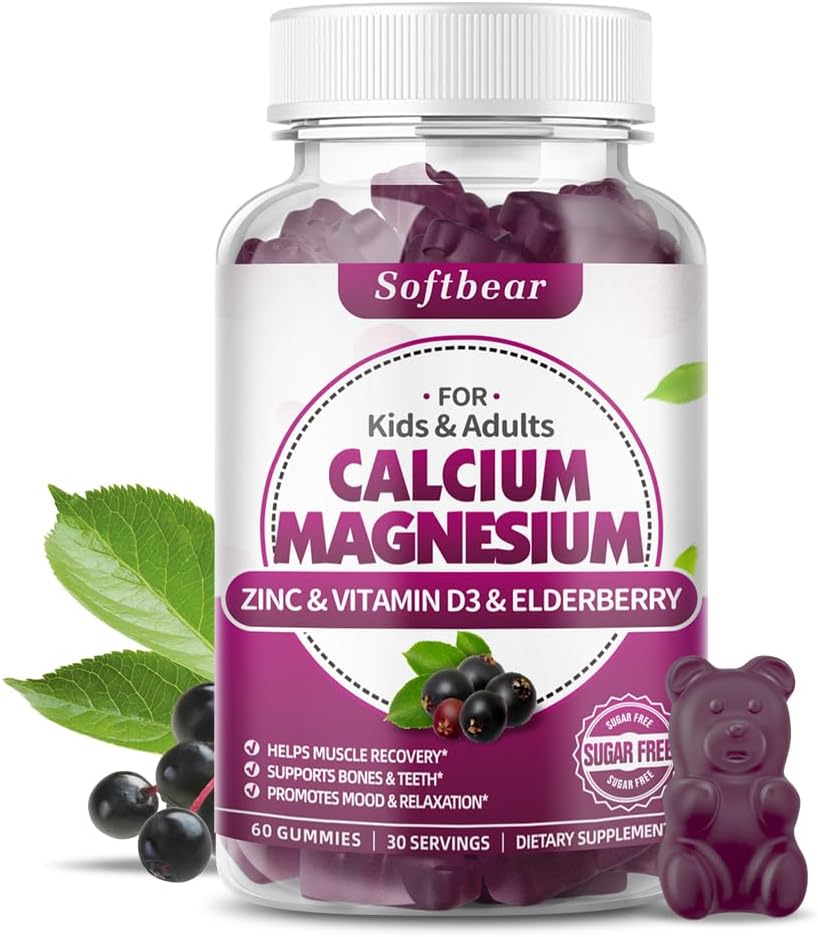 Pastilhas de zinco de magnésio de cálcio para mulheres, Suplemento de magnésio de cálcio de alta absorção para força óssea, Livre de açúcar, Vegan, Elderberry Flavor 60 Gummies