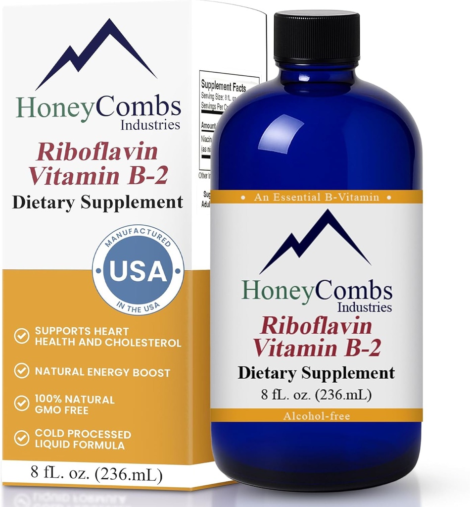 HoneyCombs Vitamina B2 Riboflavina Suplemento Drops Líquidos - Vitamina B2 de alta potência para homens e mulheres - Manter a Digestão Saudável, Sistema Nervoso, Cabelo, Pele, Unhas - Vitaminas Líquidas Vegan (8 Fl oz)