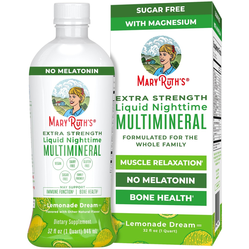 MaryRuth Orgânicos Força Extra Nocturna Líquido Multimineral , livre de açúcar , calma Magnésio Citrato , NÃO Melatonina , cálcio Magnésio Zinco , relaxamento muscular , limonada sabor , Vegan , , 32 Servindo
