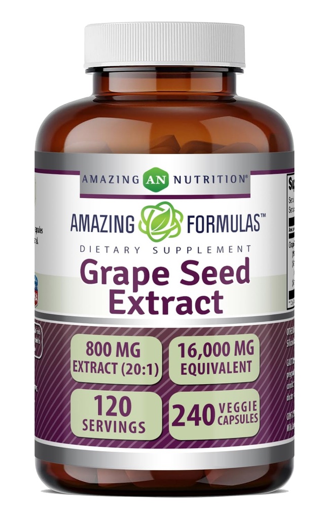 Fórmulas surpreendentes Semente de uva 800 Mg Extrato (20:1) □ 16000 Mg Equivalente □ Veggie Cápsulas □ Não-GMO □ Gluten-Free □ Made in USA (240 Count)