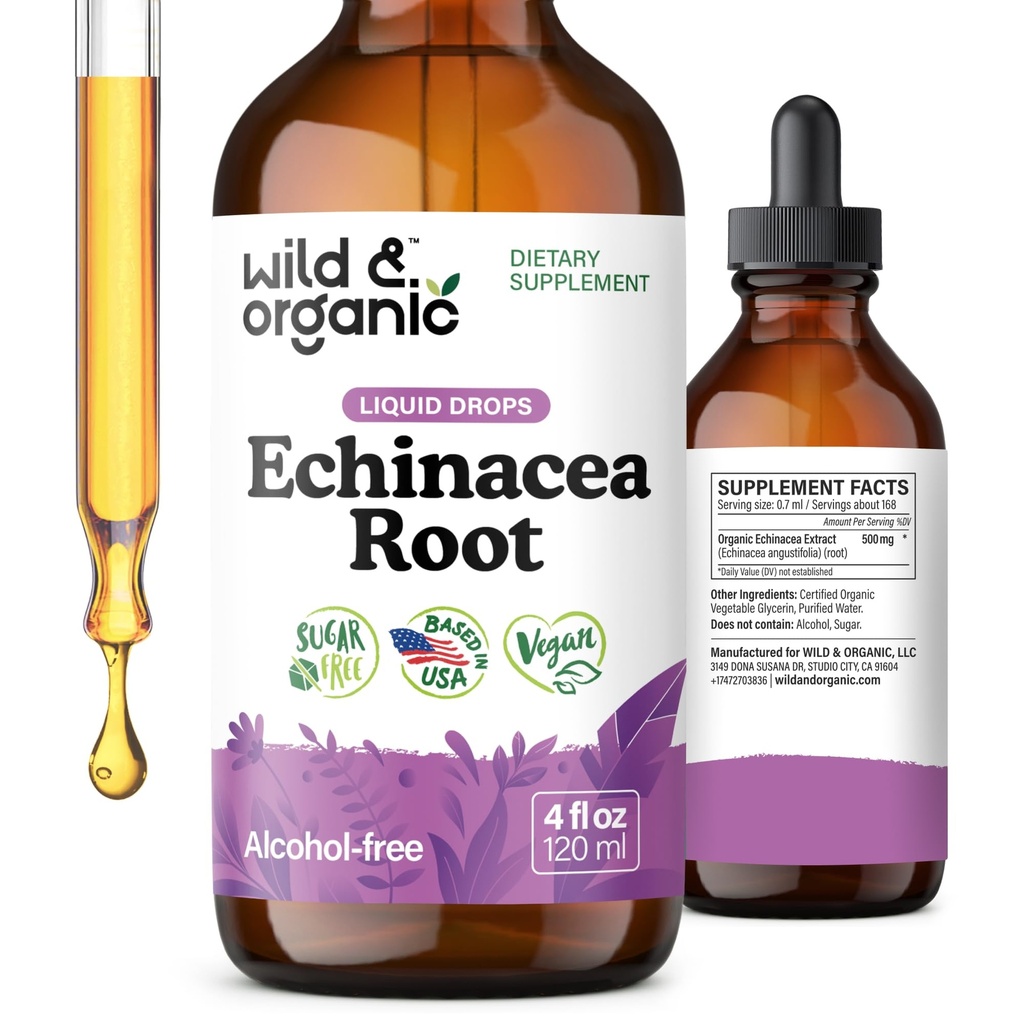 Wild & Organic Echinacea Drops - Suplemento de suporte imunológico com Echinacea Angustifolia - Extrato de raiz líquido tintura - Vegan, Açúcar & Álcool - 4 fl oz