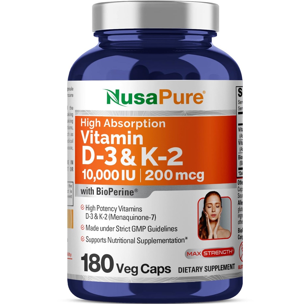 NusaPure Vitamina K2 (MK7) (200mcg) + Vitamina D3 (10000 UI) Tampas de 180 Veg - Bioperina, Sem Soja, Não-GMO