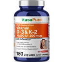 NusaPure Vitamina K2 (MK7) (200mcg) + Vitamina D3 (10000 UI) Tampas de 180 Veg - Bioperina, Sem Soja, Não-GMO