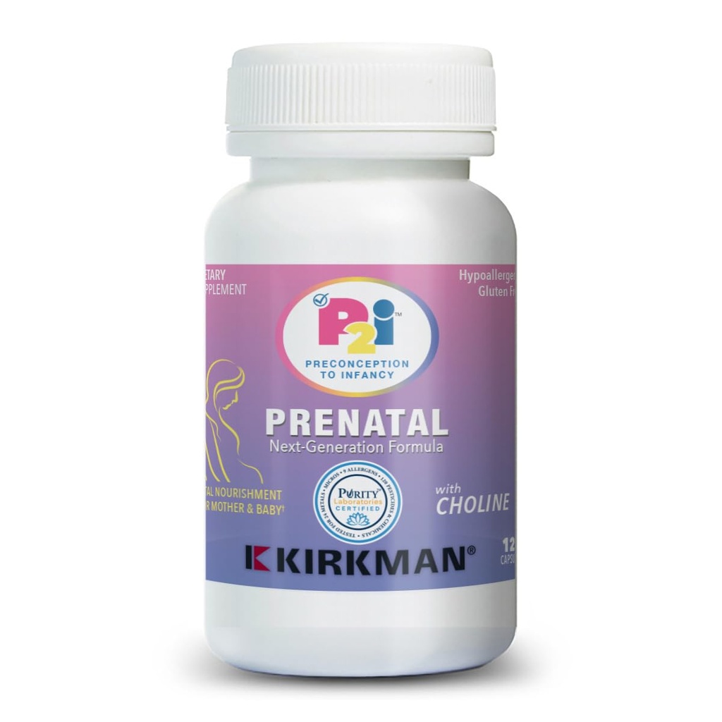 Kirkman P2i Vitaminas Pré-Natais para Mulheres, Multivitamina com Colina, 120 Cápsulas, Apoio Nutricional Diário Vital para Mãe e Bebê Saudável, OBGYN Formulado e Endoso, Hipoalergênico e Sem Glúten