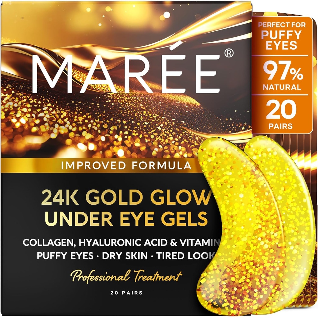 MAREE 24k Gold Under Eye Gels para círculos escuros e Puffiness - Colágeno & Hialurônico Ácido Skincare Gel Pads - Olhos de ouro Patches para Puffy Eyes e Dark Circles - Sob máscaras de olhos - Essentials de viagem