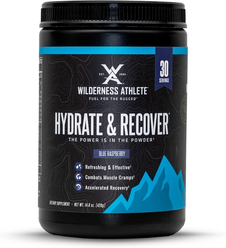 Wilderness Atleta - Hidrate & Recover □ Refrigeração líquida em pó Mistura de bebida de eletrólitos - Recuperar mais rápido com Bcaas - Hidrate em pó com 1000mg de vitamina C - 30 Tubulação de serviço (framboesa azul)