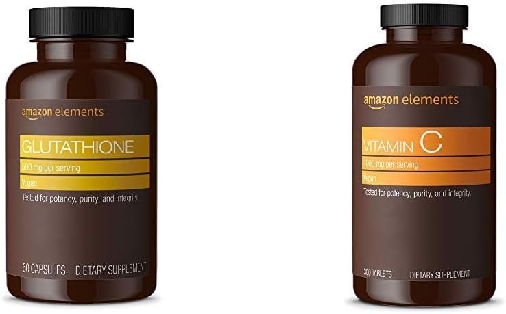 Elementos Glutationa, 500mg, 60 Cápsulas, 2 Mês de Fornecimento e Vitamina C 1000mg, Vegan, 300 Comprimidos, 10 Mês de Fornecimento