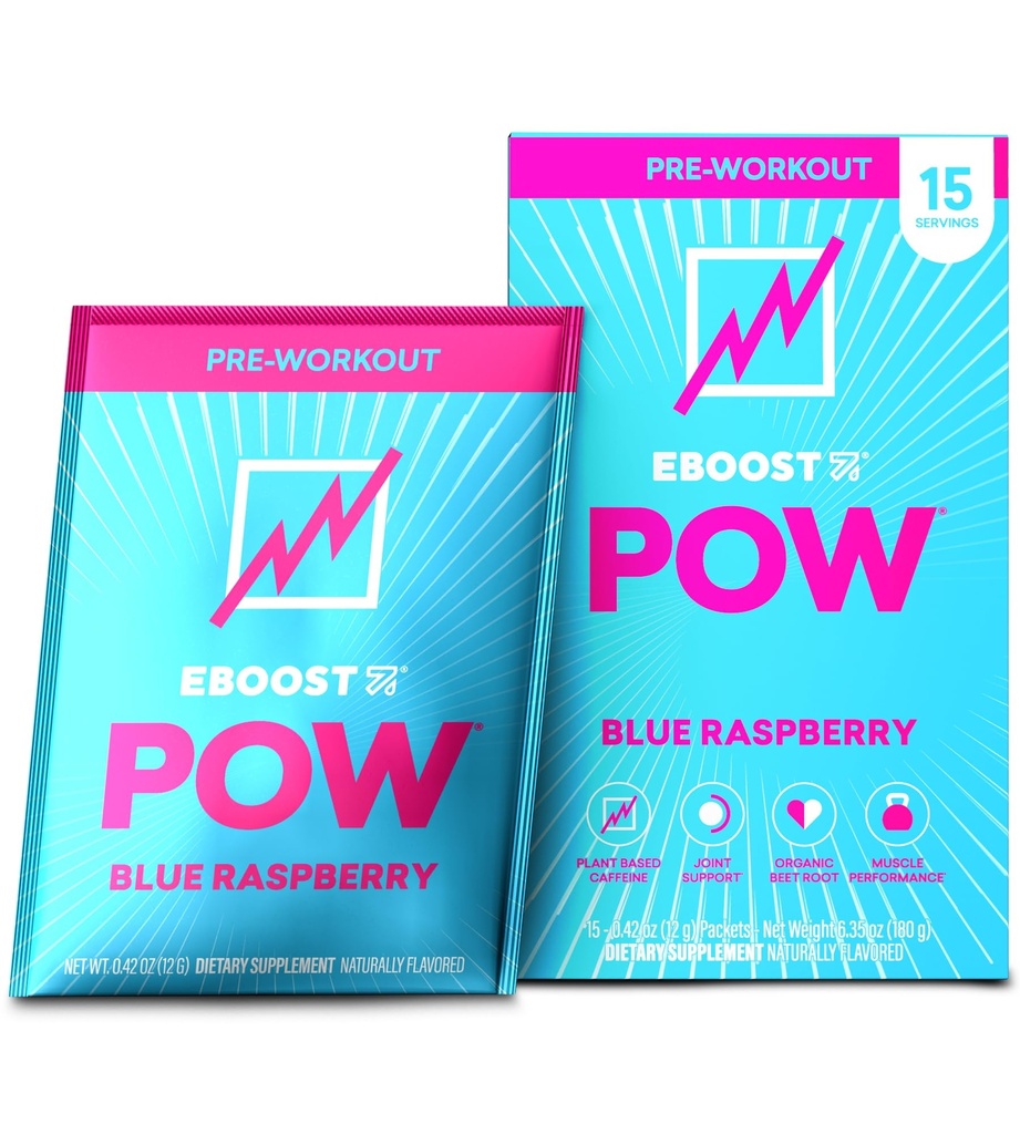 EBOOST POW Natural pré-treino em pó - 15 pacotes, framboesa azul - pré-treino Energia Booster Gym Suplemento Drink Mix para homens e mulheres - desempenho, suporte de mobilidade conjunta - sem glúten