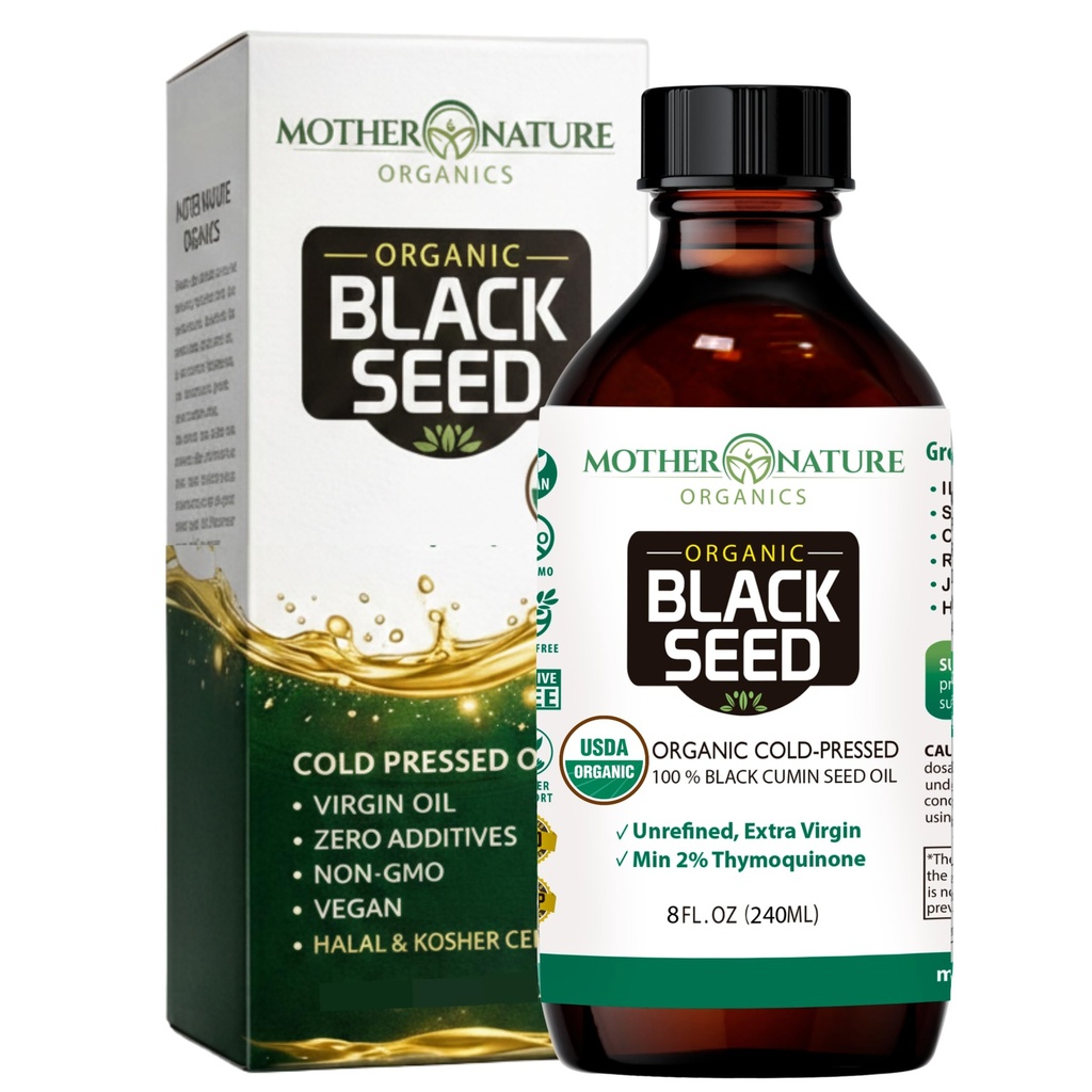 Mãe Natureza USDA Oil de semente preta orgânica, alta TQ 2%, prensado a frio, não refinado Nigella Sativa, Omega 3 6 9 para imune, suporte articular e cardíaco, cabelo e pele, não-GMO, garrafa de vidro (8 onças)