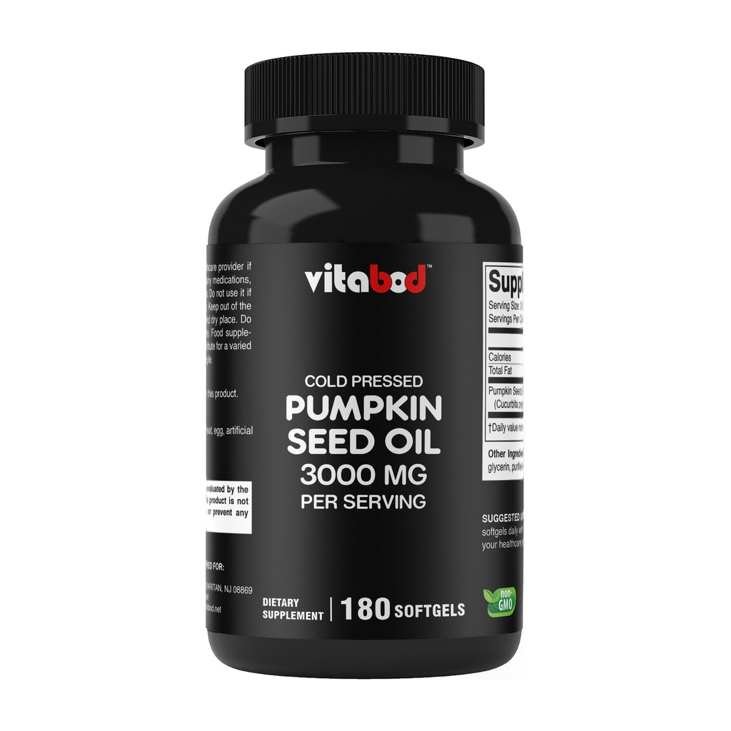 Óleo de semente de abóbora prensado a frio 3000mg por serviço - 180 Softgels - Sem OGM e sem glúten