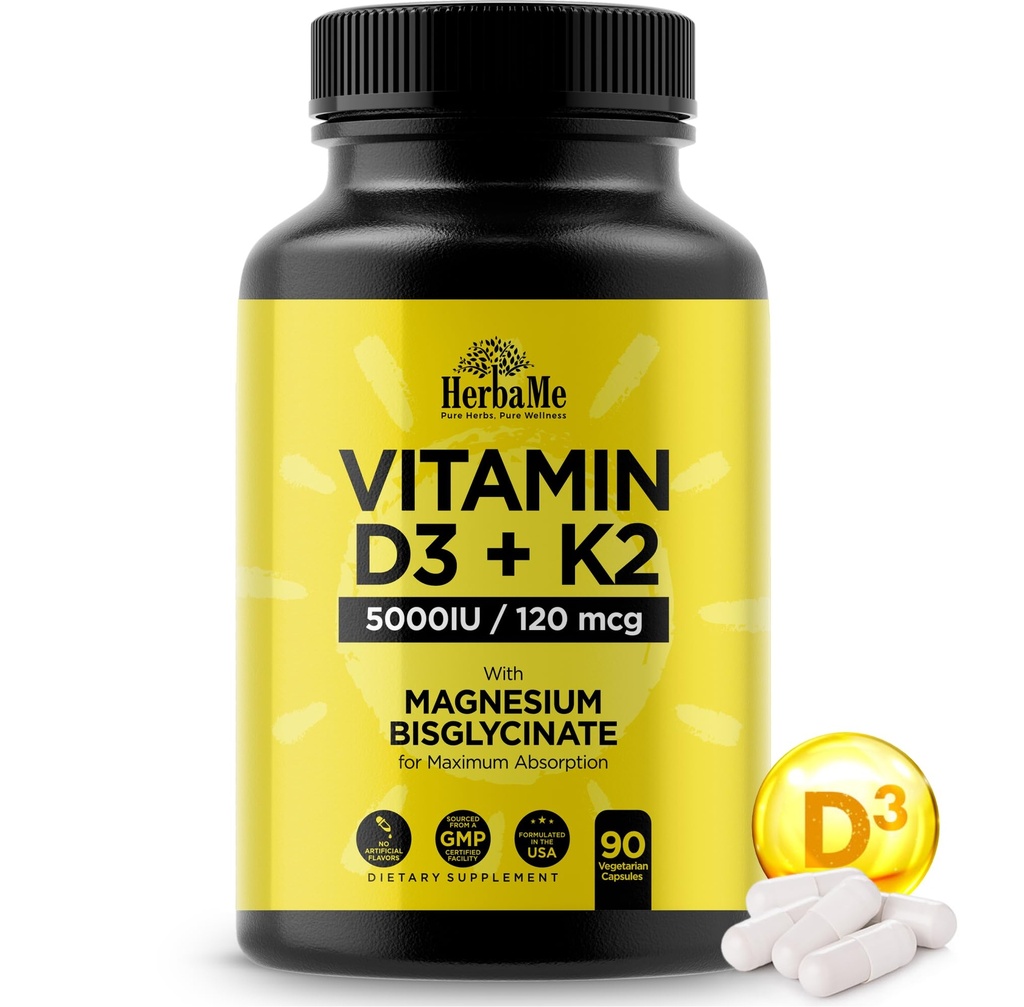 Vitamina D3 5000 UI + K2 com Bisglicinato de Magnésio para Absorção Máx. 90 Cápsulas Suporte Imune.