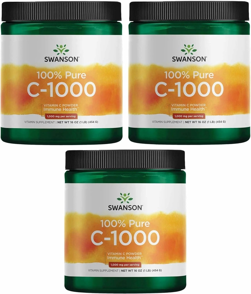 Swanson Vitamina C Pó 100% puro ácido ascórbico, suporte do sistema imunológico, saúde da pele, saúde cardiovascular, suplemento antioxidante 1000 mg (por serviço) 1 lb. 454 g (3 embalagem)