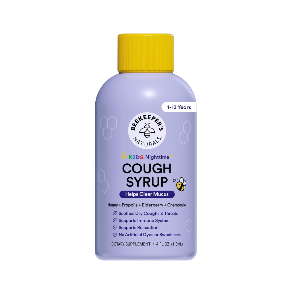 Beekeeper's Naturals Propolis Honey Cough Syrup Nighttime for Kids Imune Support with Própolis, Elderberry & Raw Honey - Sleep Support with Camomila & L-Theanina - Gluten Free, 4 onças.