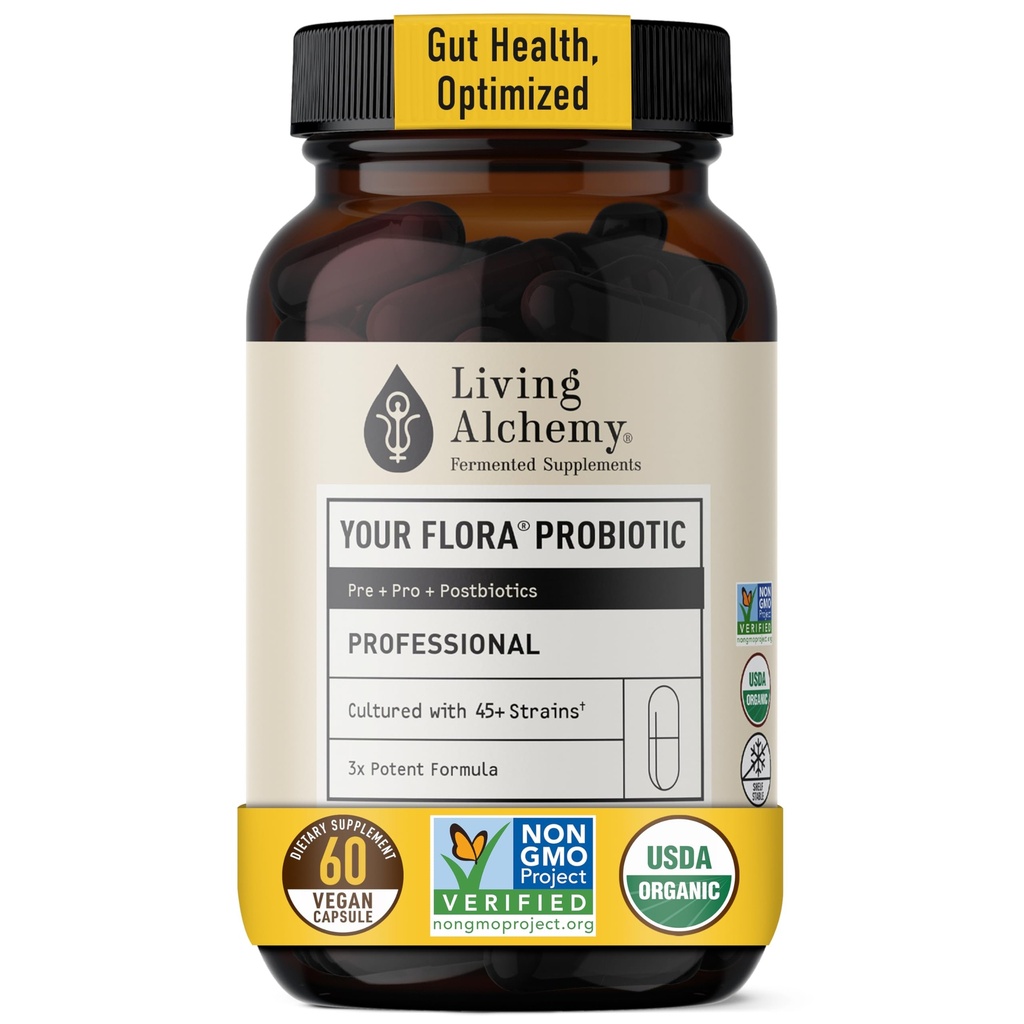 Vivendo Alquimia Gut Saúde Suplementos para homens e mulheres - Sua Flora Probiótico Professional Digestion Suplemento com soja fermentada, Prebióticos, Enzima Digestiva - Vegan, Não-GMO, 60 Pcs