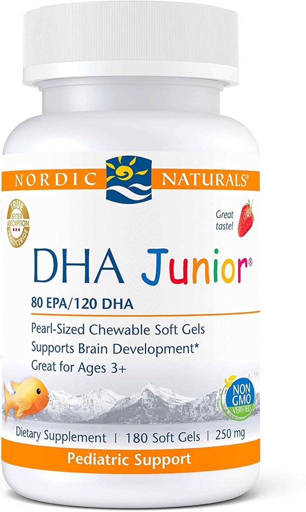 Nórdico Naturals Pro DHA Junior, Morango - 180 Mini geles macios mastigáveis - 250 mg Total Omega-3s com EPA & DHA - Desenvolvimento do cérebro e função visual - Não-GMO - 45 Servings
