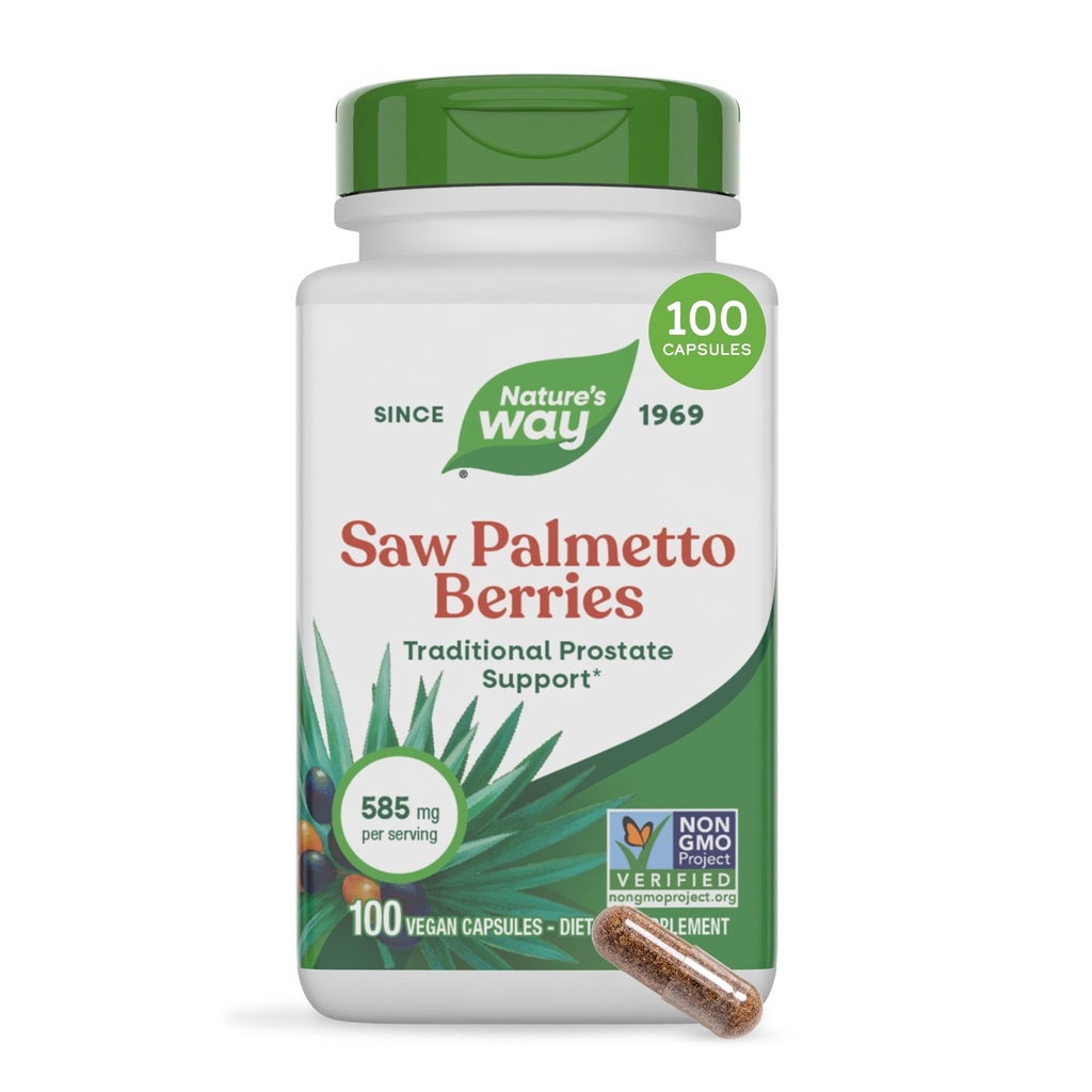 Nature's Way Saw Palmetto Berries, Suporte tradicional de próstata*, 585 mg por serviço, Projeto não-GMO verificado, Vegan, 100 Cápsulas (Pacote de Maio Vary)
