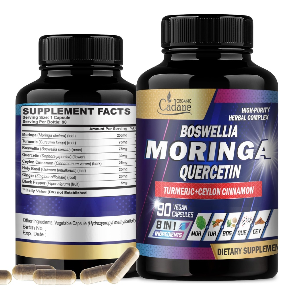 Camane Moringa Folha Orgânica com Açafrão, Boswellia, Quercetin, Ceilão Cinnamon, Holy Basil, Ginger, e Pimenta Negra - 8in1 Suplementos - 90 Cápsulas Veggie para fornecimento de 3 meses