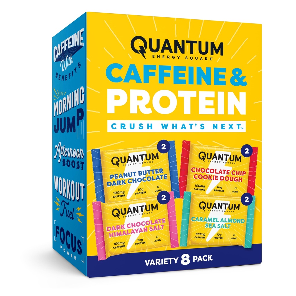 Quantum Energy Square: Barra de Energia com Cafeína e proteína 10g. Delicioso lanche saudável no go. (Vegan, sem glúten, sem soja, sem leite) (Variety 8-Pack)