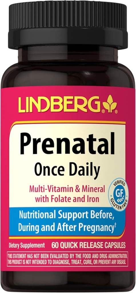 Lindberg Vitaminas pré-natais para mulheres .60 Cápsulas . Multivitaminas e minerais com ferro e ácido fólico .